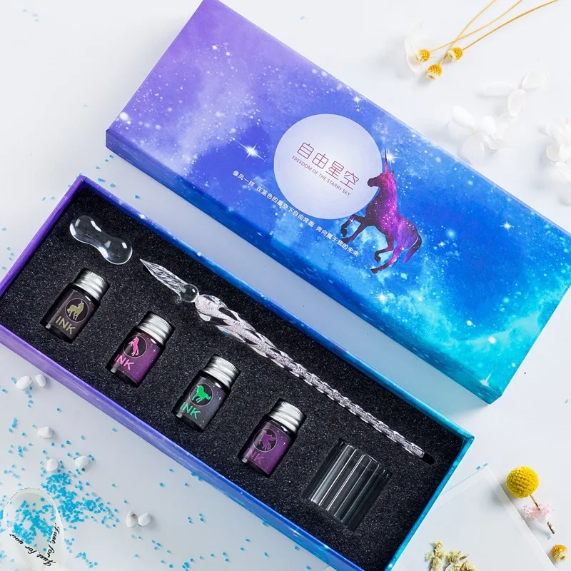 Middle box B JUGAL прозрачная стеклянная ручка звездное небо Dip Ручка Блеск порошок ручка чернила Подарочная коробка набор пишущий инструмент перьевая Dip Ручка подарочная коробка - Цвет: Middle box B