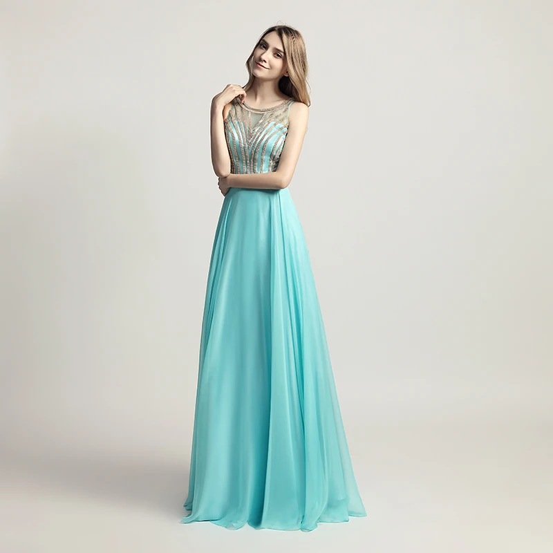 Vestido de festa высокое качество милые Очаровательные платья на выпускной трапециевидной формы без рукавов шифон бисером Aqua вечерние платья LSX411