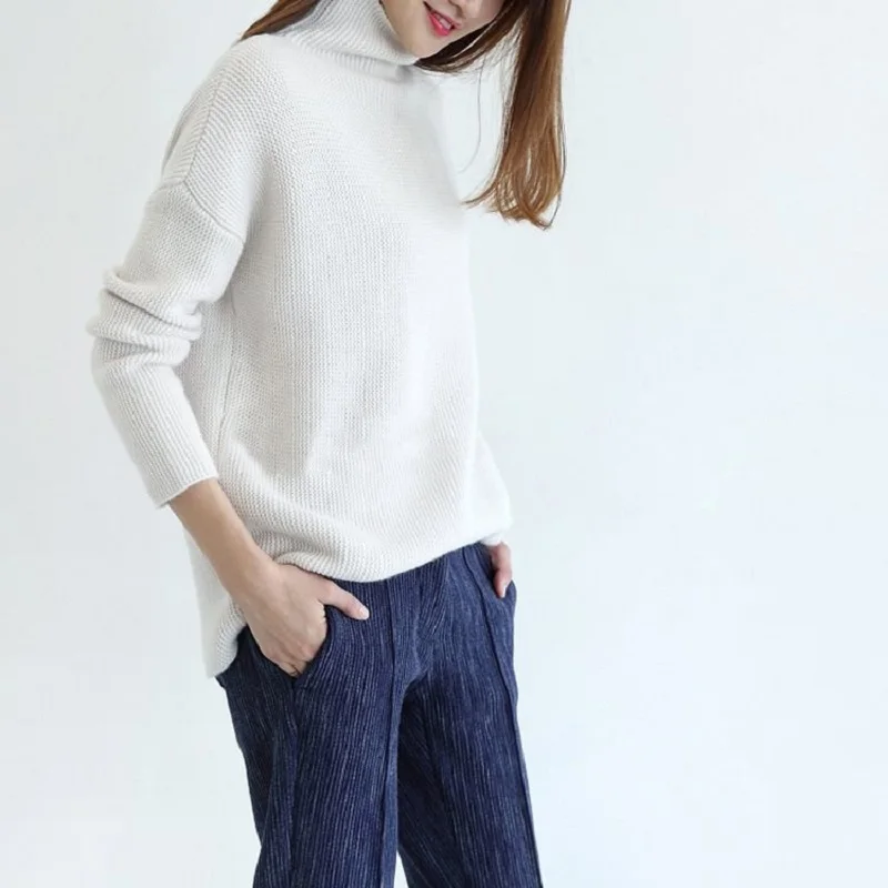 Белый Новинка, зимний кашемировый свитер с высоким воротником, женский корейский Свободный Однотонный свитер большого размера - Цвет: Белый