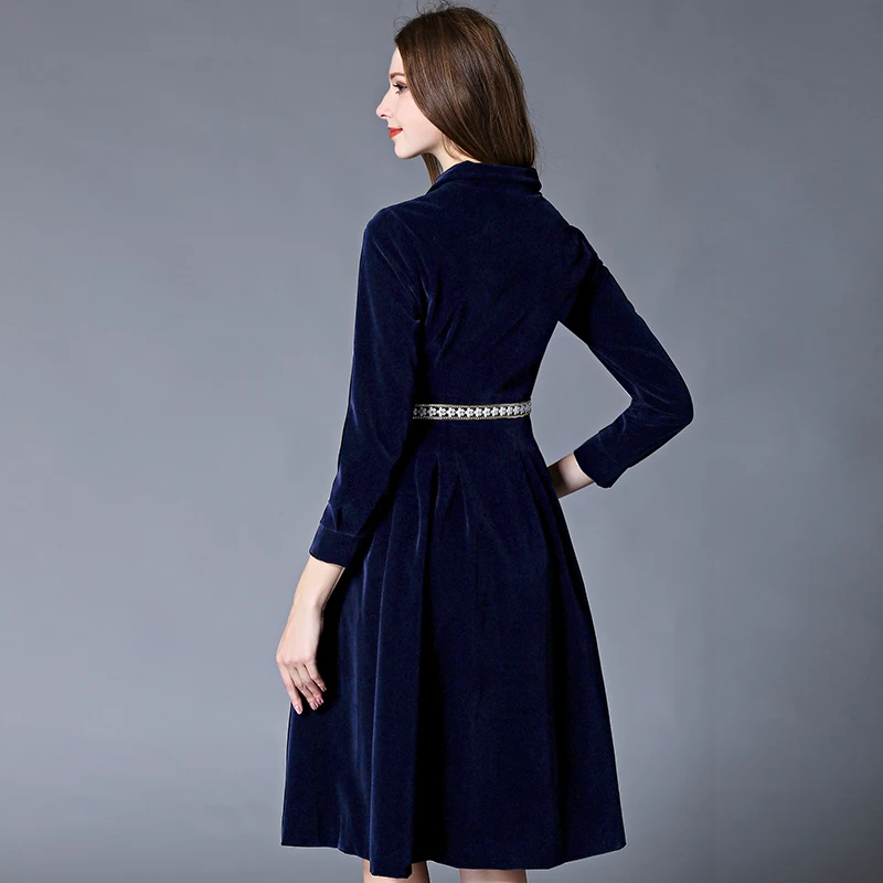 Королевское синее бархатное женское платье, новинка, Vestidos, с круглым вырезом, на пуговицах, с поясом, элегантное, с длинным рукавом, толстое, OL стиль, платье, Mujer, зима