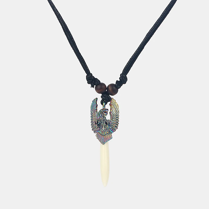 

10pcs Wax Cotton Cord Real Natural White Resin Tooth Teeth Pendant With Eagle Necklace