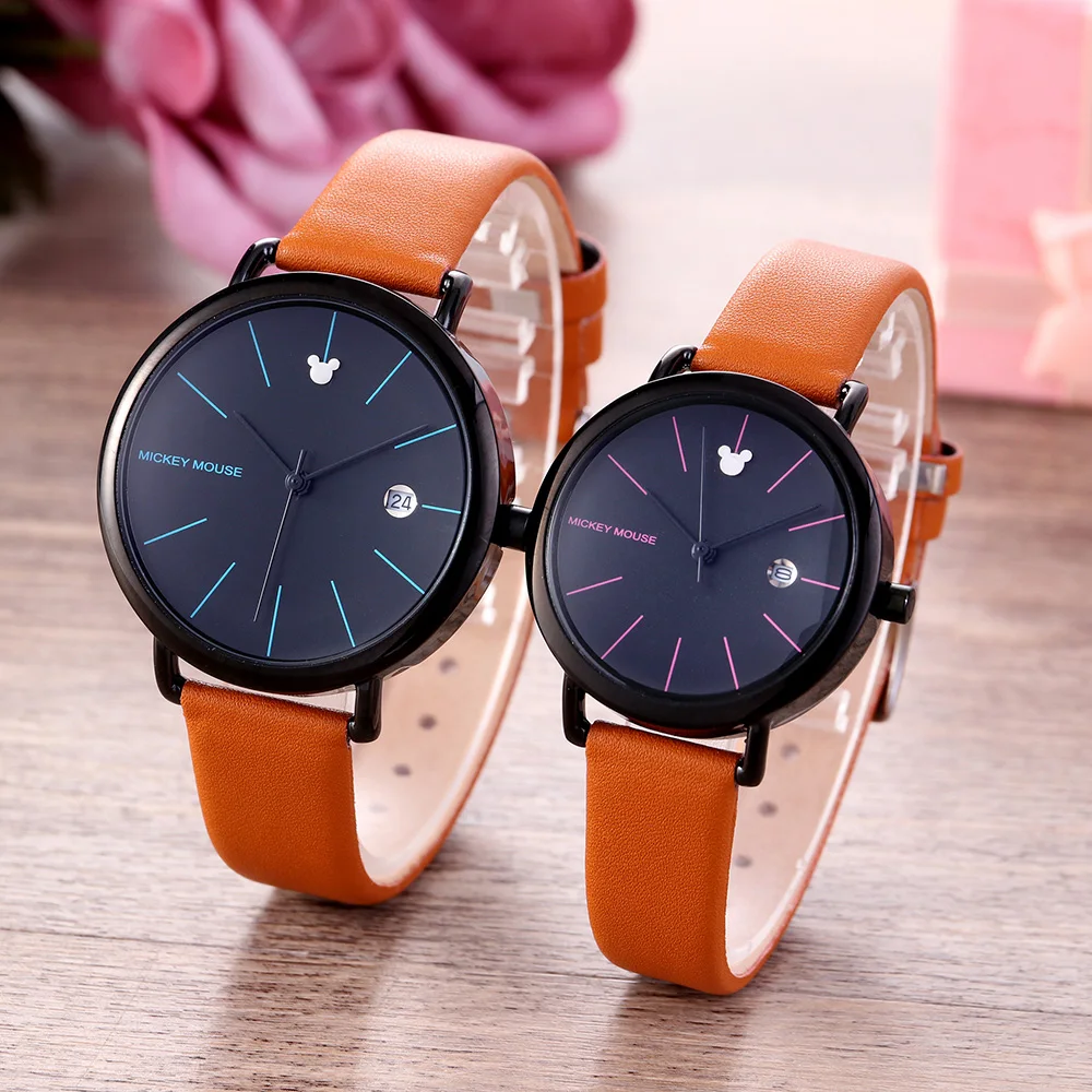 DISNEY lovers Watches men Fashion Simple Leather Quartz Date Watch Women Ladies Wrist Female Clock Hodinky Montre FemmeL | Наручные часы