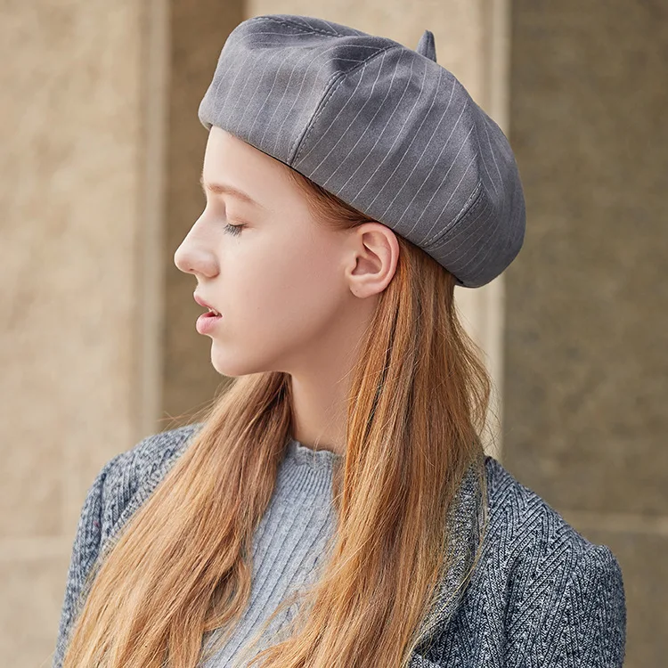 New Suede Striped Berets Women Vintage Artist Octagonal Hat Female Winter Painter Beret Caps | Аксессуары для одежды