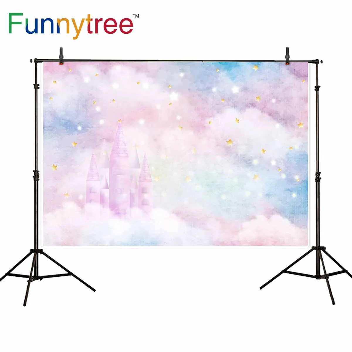 

Фон для детской фотосъемки с изображением дерева, неба, облаков, замка, волшебной сказки, золотых звезд