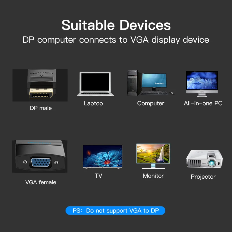 Адаптер Vention Displayport VGA конвертер DP Male Female для проектора телевизора монитора 1080P| |