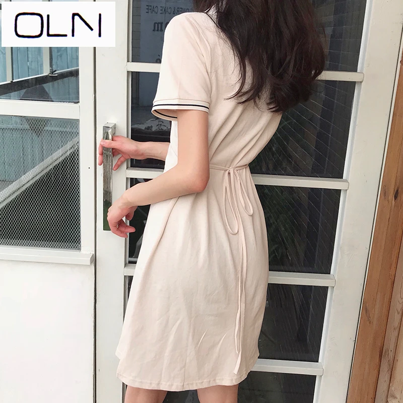 Женское платье-поло в Корейском стиле с вогнутым поясом на спине | Женская одежда