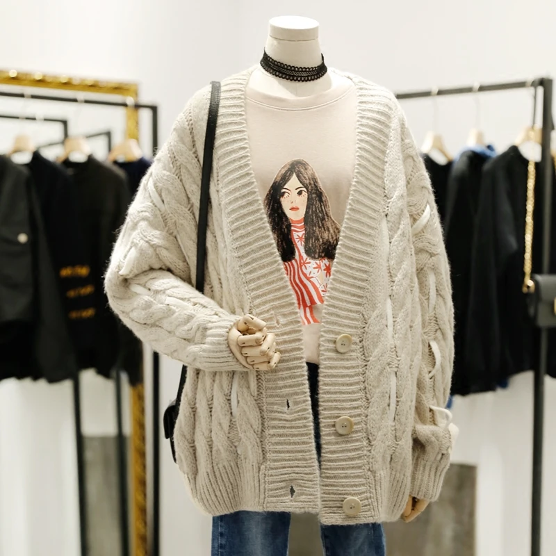 2019 Women New Autumn Winter Knitted Sweater Cardigan Female Jacket Loose V Neck Coat |