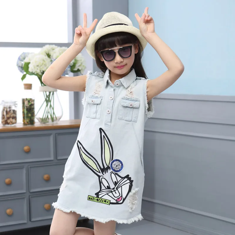 

2018 New summer baby girl clothes jean dress girls denim dress fashion cartoon baby girl sleeveless hole dresses retail
