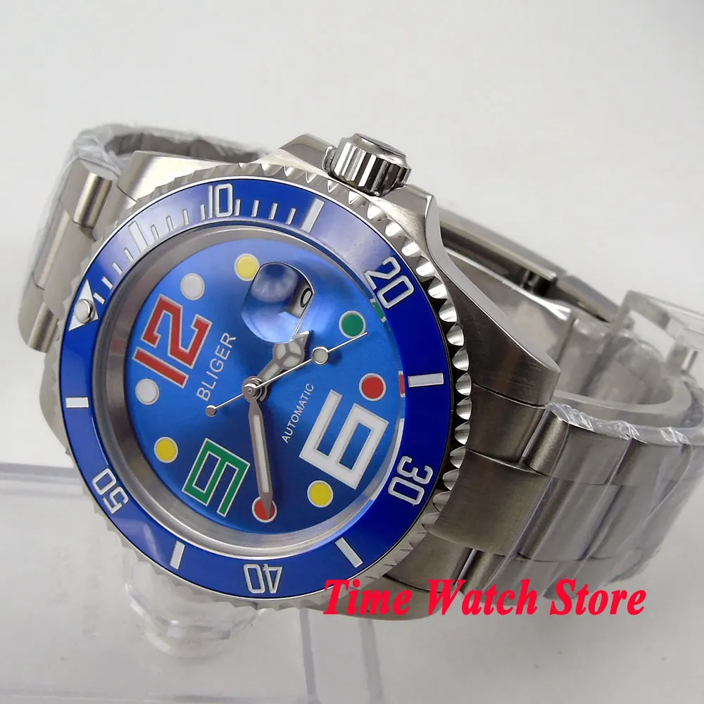 

Bliger 40mm blue dial colorful marks saphire glass blue Ceramic Bezel Automatic movement Men's watch