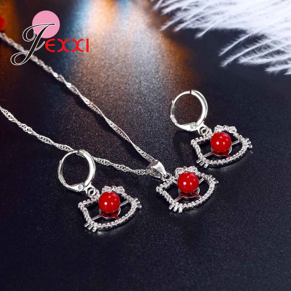 Fast Shipping Classic Charming Cat Animal Shape Red Cubic Zirconia Austrian Crystal Stone 925 Sterling Silver and CZ | Украшения и