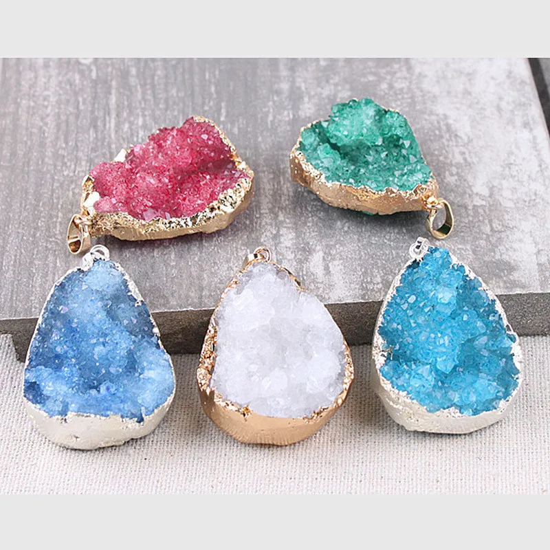 

1pc Druza Geode Necklace Druzy Natural Stone Pendant Irregular Waterdrop Quartz Cut Necklace Crystal Pendant Drusy Stone Healing
