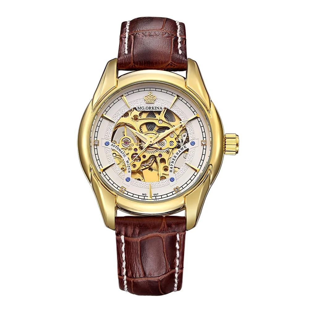 Мг. ORKINA Мужские часы от топ бренда класса люкс Золотой чехол скелет наручные с