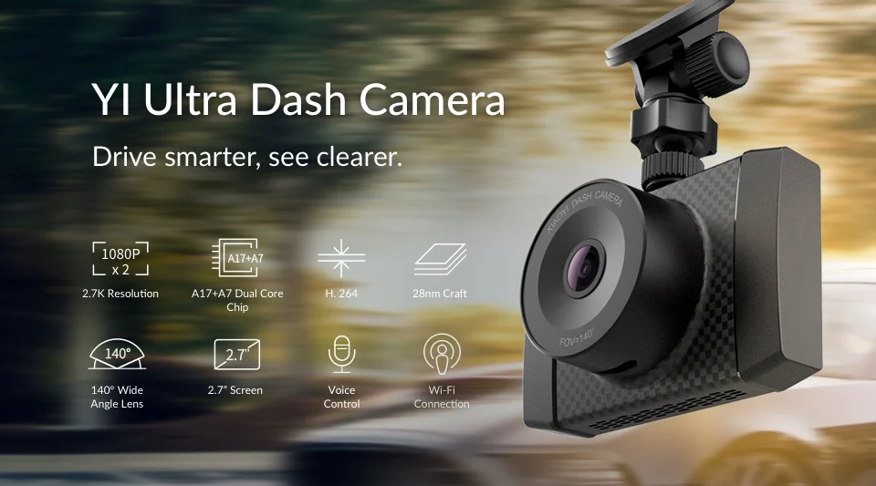 Автомобильный видеорегистратор YI Ultra Dash Camera | Разрешение 2.7K | Технология обработки Nano | Широкий угол обзора 140°