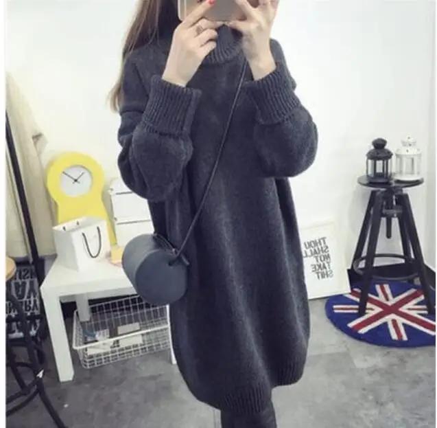 2019 autumn winter long sweater skirt high collar thickening set Korean version of the loose line wool dress woman | Женская одежда