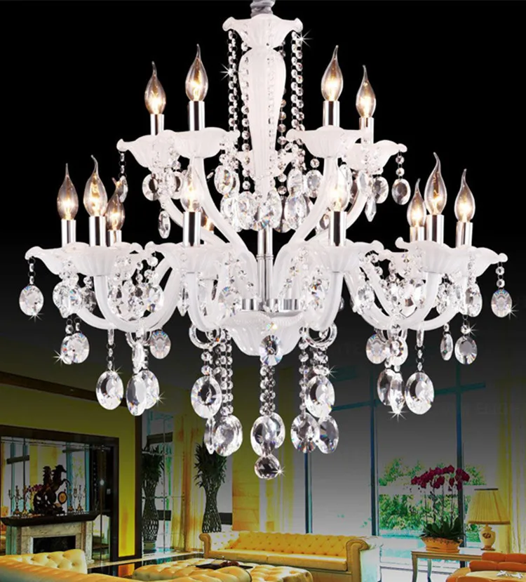 Фото Led White glass chandelier with crystal pendants 15 candle light lustre de cristal candelabro parlor living room led Освещение Led White glass chandelier with crystal pendants 15 candle light lustre de cristal candelabro parlor living room led Освещение