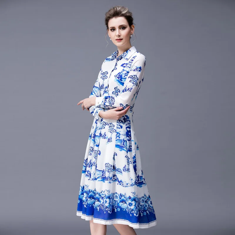 ВЫСОКОЕ КАЧЕСТВО Новые Моды 2017 Дизайнер Dress женская С Длинным Рукавом Синий