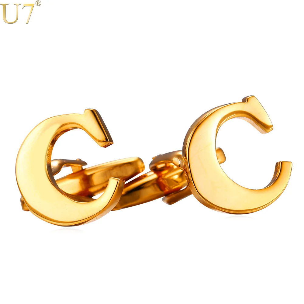 

U7 New Cufflinks For Men Jewelry Trendy Gold/Silver Color Name Jewelry Alphabet C Letter Cuff Links With Box C203