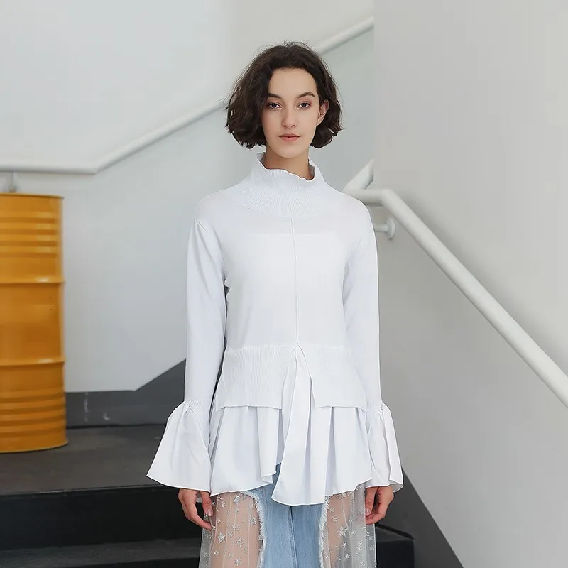 TWOTWINSTYLE Turtleneck Sweater Female Flare Sleeve Irregular Ruffles Patchwork Draped Knitted Pullover Women Autumn Clothing | Женская