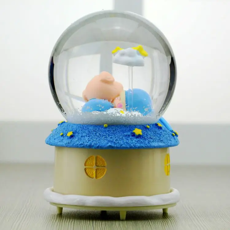 12*9CM Cute Blue Sleeping Pig Snow Globe Glass Crystal Ball Music Box Home Desktop Decor Wedding Christmas New Year Gifts | Дом и сад