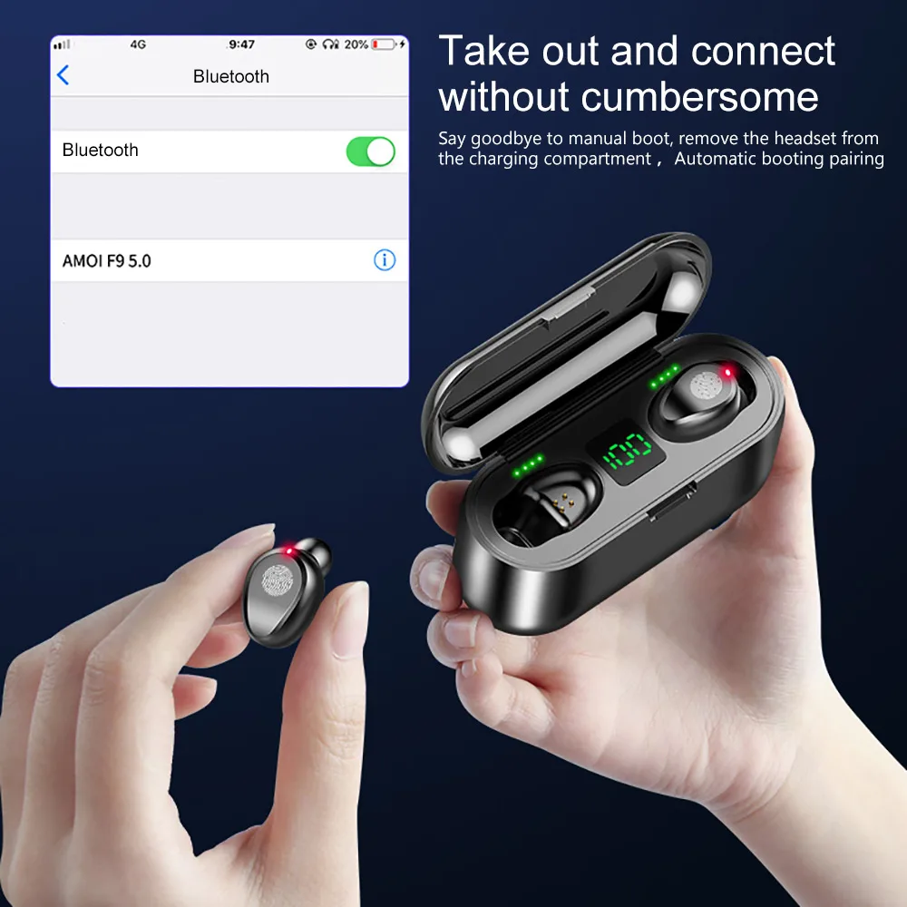Беспроводные наушники Bluetooth V5.0 TWS светодиодный дисплей для телефона 2000 мА/ч