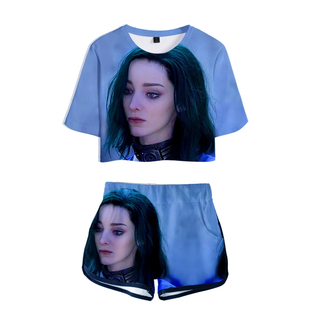 

Summer cool sexy sports women's short-sleeved t-shirt print Polaris women's suit 3D exposed navel T-shirt + shorts brand shirt