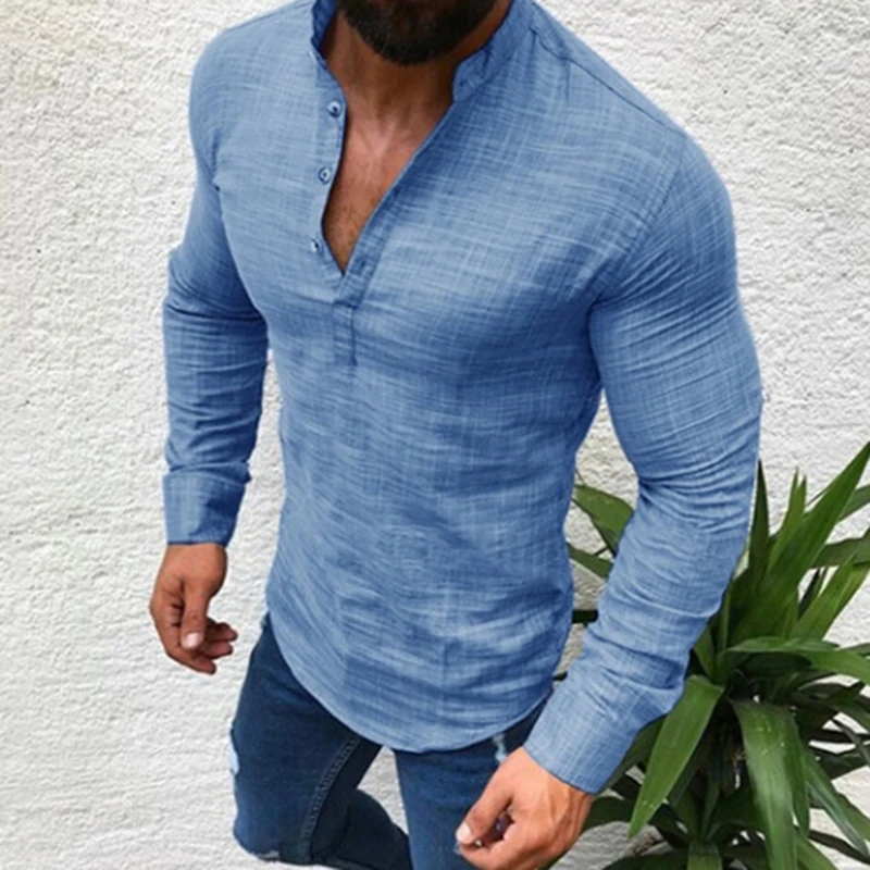 Light Blue Мужская рубашка из хлопка и льна, модная повседневная Осенняя блуза с длинным рукавом, рубашки для мужчин, Полуоткрытая рубашка, облегающая Мужская блузка размера плюс - Цвет: Light Blue