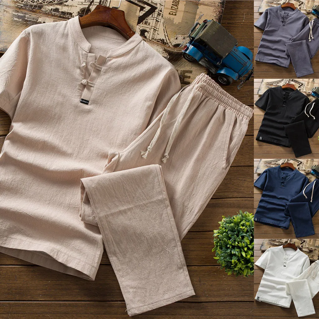 casual mens clothing set 2019 Summer chinese style Cotton Linen comfortable Short Sleeve men shirt pants trousers d90613 | Мужская