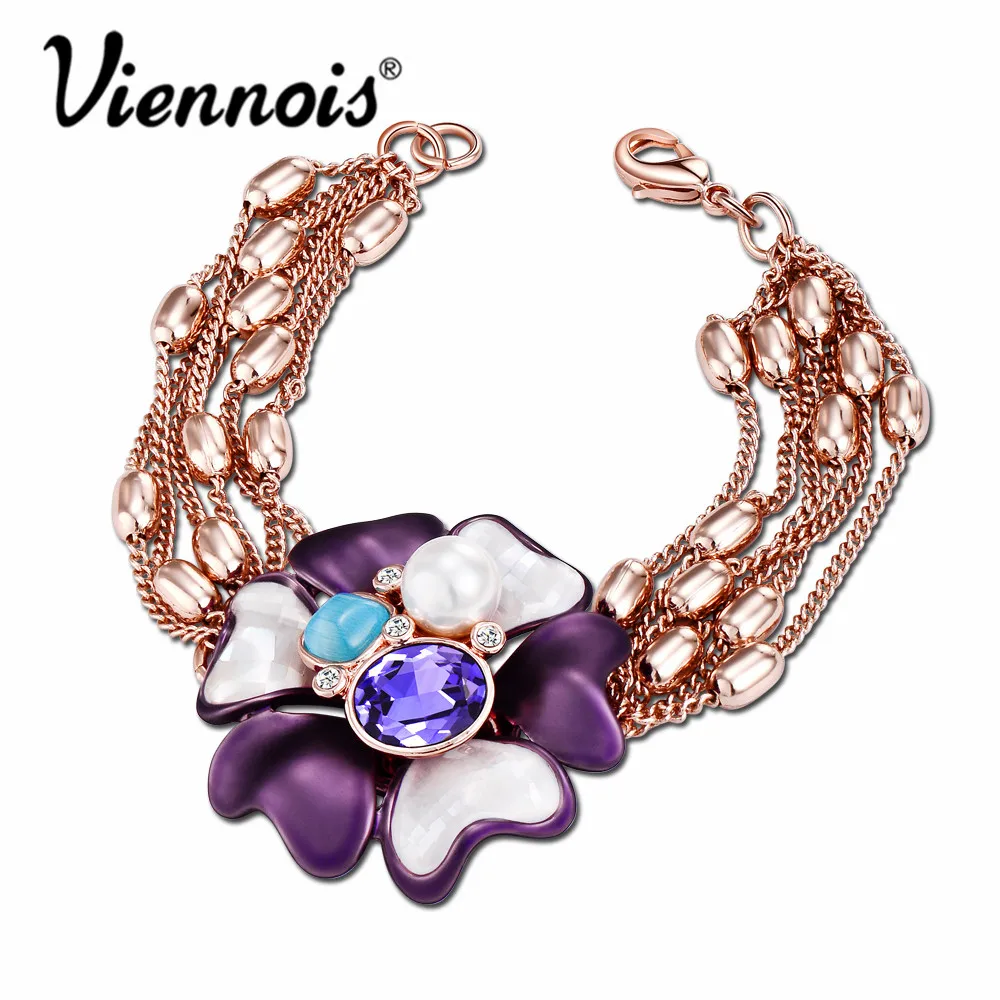 Viennois Ювелирные Изделия Из Розового Золота Цветок Шарм Браслеты& Браслеты Кристалл Перл Женщины Браслет