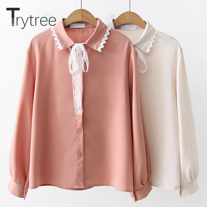 Ttytree весенние блузки Повседневная рубашка для женщин кружевной бант отложной