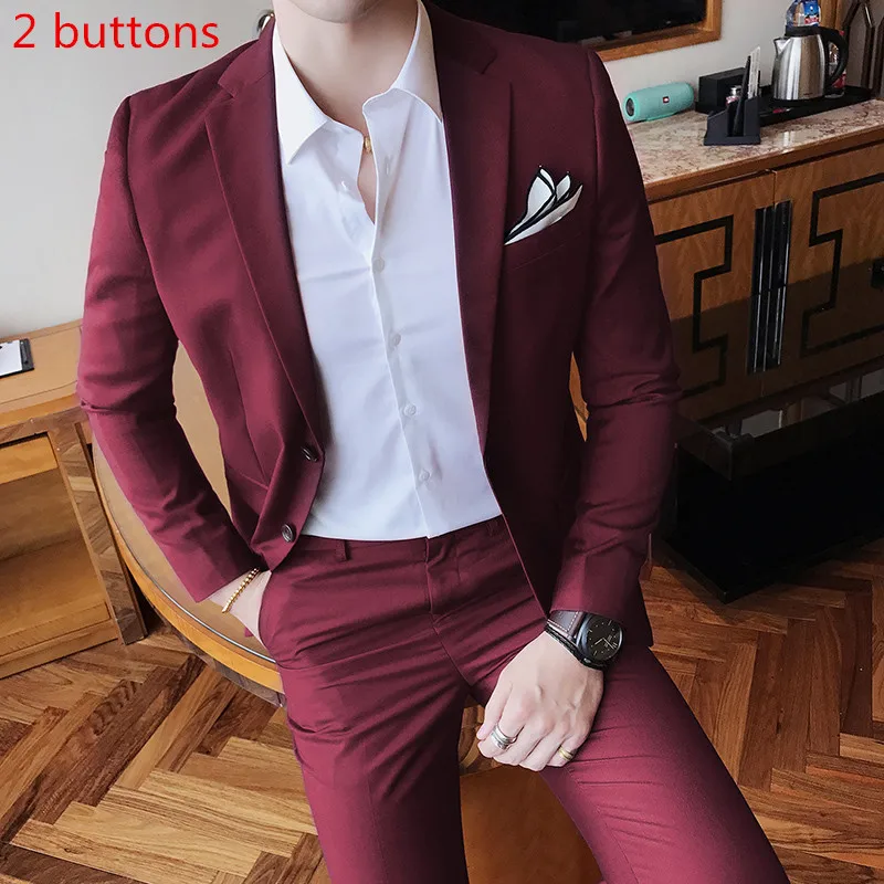 2 buttons Wine red Пальто брюки) бизнес-отделка высокое качество мужские костюмы два комплекта свадьбы Повседневные Вечерние Классические Серые Костюмы Блейзер одежда - Цвет: 2 buttons Wine red