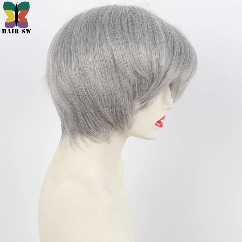 Короткий прямой серый парик из синтетических волос SW Стрижка классика полный для