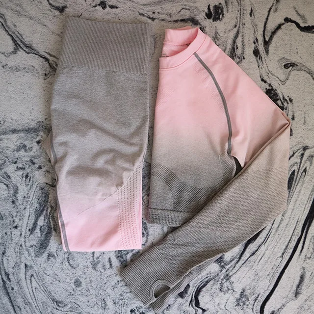 Pink Gray Set Женский бесшовный комплект для йоги с эффектом омбре, укороченные рубашки, спортивный костюм для тренировок, Женский комплект для фитнеса с длинным рукавом, одежда для активного отдыха+ леггинсы с резинкой на попе - Цвет: Pink Gray Set