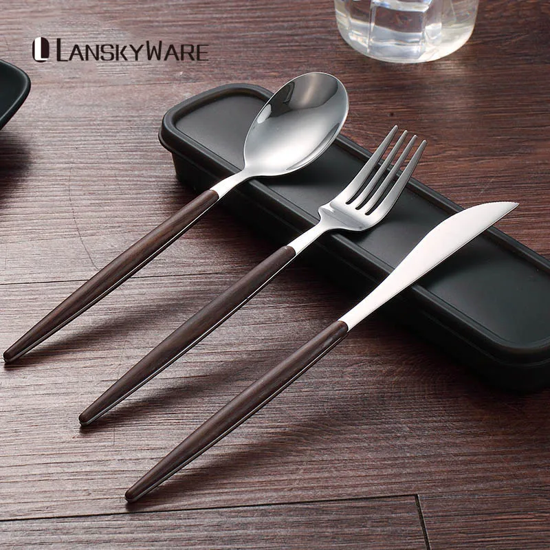 LANSKYWARE Портативный Золотой набор столовых приборов с деревянной ручкой 304