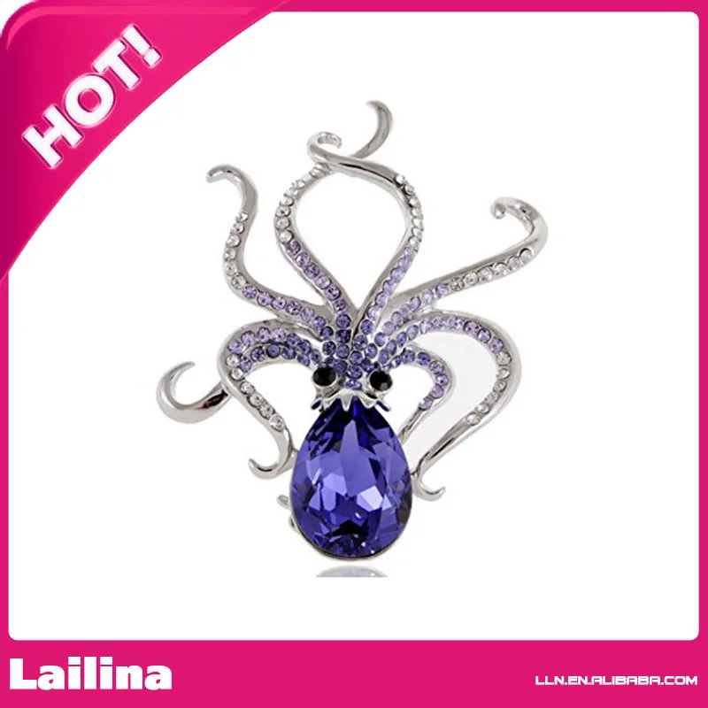 Брошь Стразы прозрачный оттенок фиолетовый морской осьминог Кальмар | Украшения