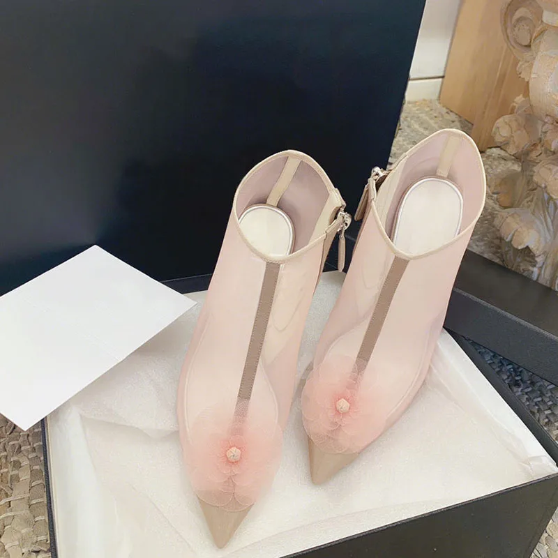 Pointed Toe Flower Clear Mesh Zipper Booties High Chunky Heels Summer Fashion Women Ankle Boots Patchwork Design Pumps