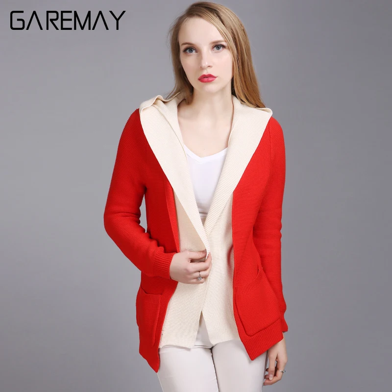 Hooded Cardigan Women Knitted Coat 2017 Fake Two Piece Long For Clothing Sleeve Ladies GAREMAY 7105 |