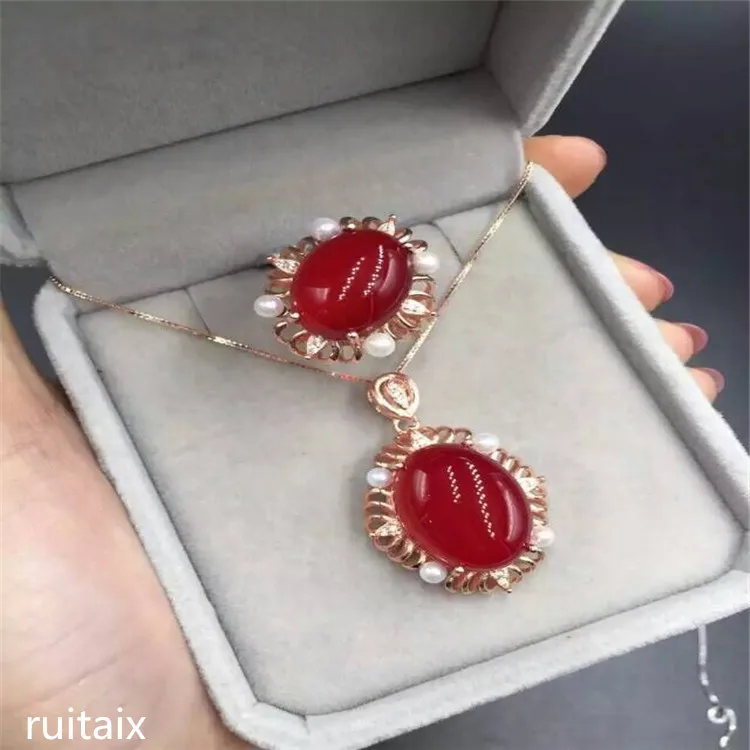 KJJEAXCMY boutique jewels 925 Pure silver inlay natural red jade medulla ring + pendant + earring set inlay drill plant sunflowe