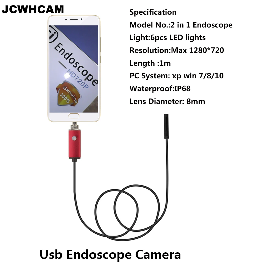 JCWHCAM Android Usb эндоскоп камера 1 м 8 мм Led HD 720P контроль змеи ip67 водонепроницаемый