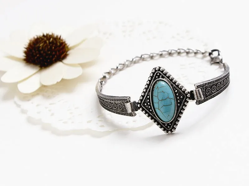 F&ampU Vintage Blue Grain Stone Geometric Shape Tibetan Silver Plating bracelet bangle jewelry Fine for women Accessories | Украшения и