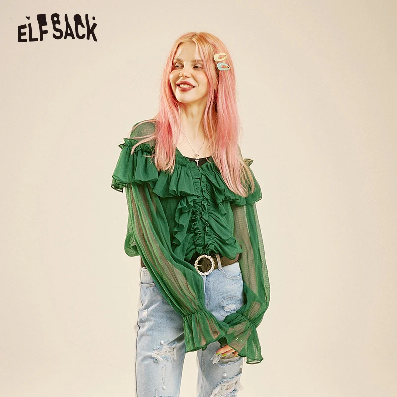 Женская блузка с оборками ELFSACK белая Повседневная рубашка треугольным вырезом и