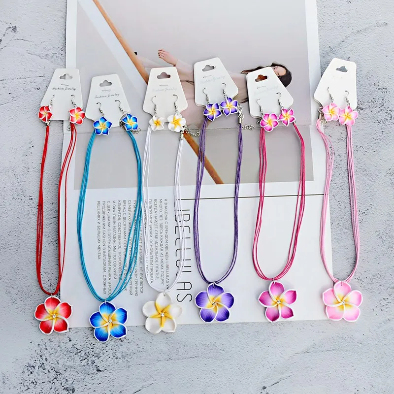TopHanqi 1set 6color Summer Beach Hawaiian Clay Fimo Frangipani Flower Necklace Earrings Jewelry Sets For Children Girls