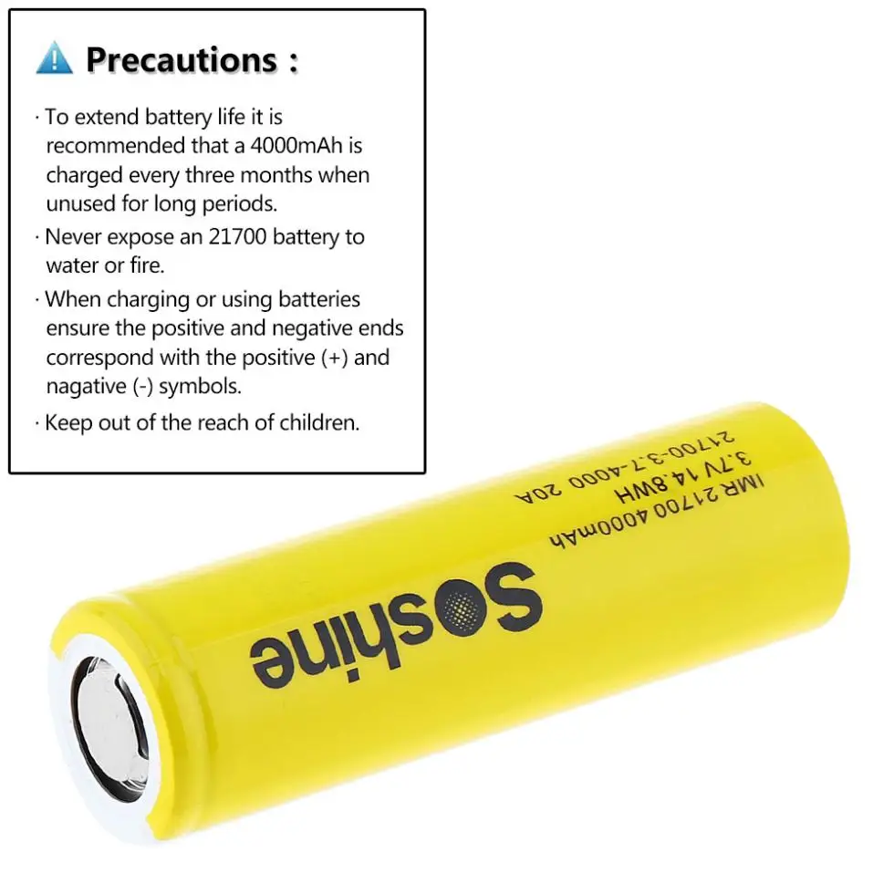 2Pcs Soshine IMR 21700 3.7V 14.8WH 20A 4000mAh Li ion Rechargeable Battery with Safety Relief Valve for Electric Tool /