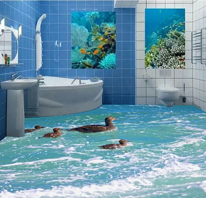 [Самоклеющиеся] 3D Duck Group Sea 3 Нескользящие водонепроницаемые фото самоклеющиеся
