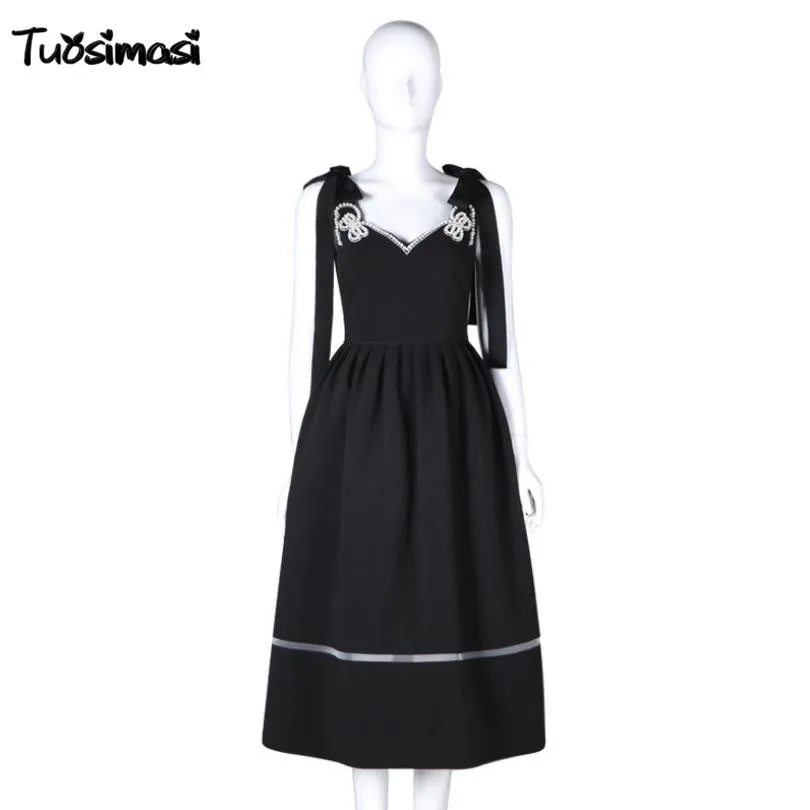 2018 Лето С НАБОРНЫМИ БРЕТЕЛЬКАМИ вечерние женские черные повязки Перл V шеи Платье