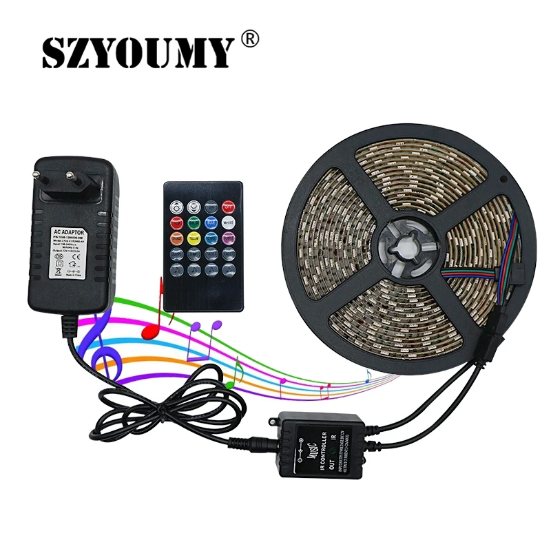 SZYOUMY 5M RGB Led Strip Light Waterproof SMD 5050 2835 Flexible Diode Tape LED Strip With Music Remote Control+DC 12V Adapter