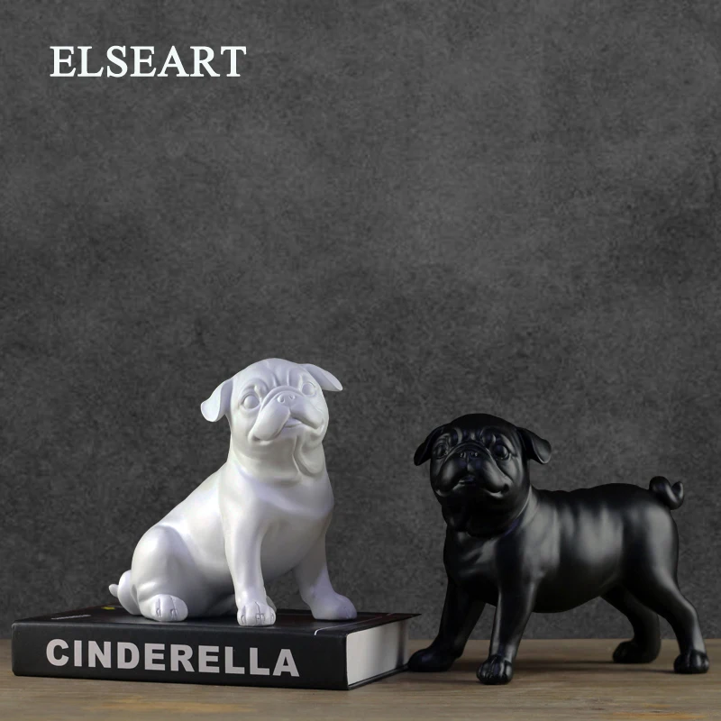 Black white creative resin Pugs dog figurines vintage statue home decor crafts room decoration objects animal figurine | Дом и сад