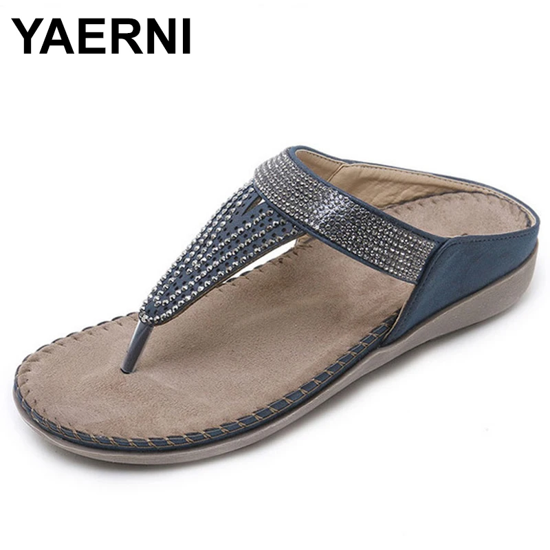 

YAERNINew Casual Bohemia Women Sandals Crystal Comfort Slippers Flat Shoes Outdoor Beach Slipper Women Slippers Large Size 35-42