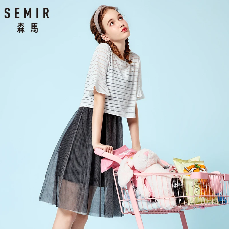 Semir 2018 Summer New Dress Female Two-piece Suit Short-sleeved T-shirt Suspender Mesh Lace Dresses For Women Clothing | Женская одежда