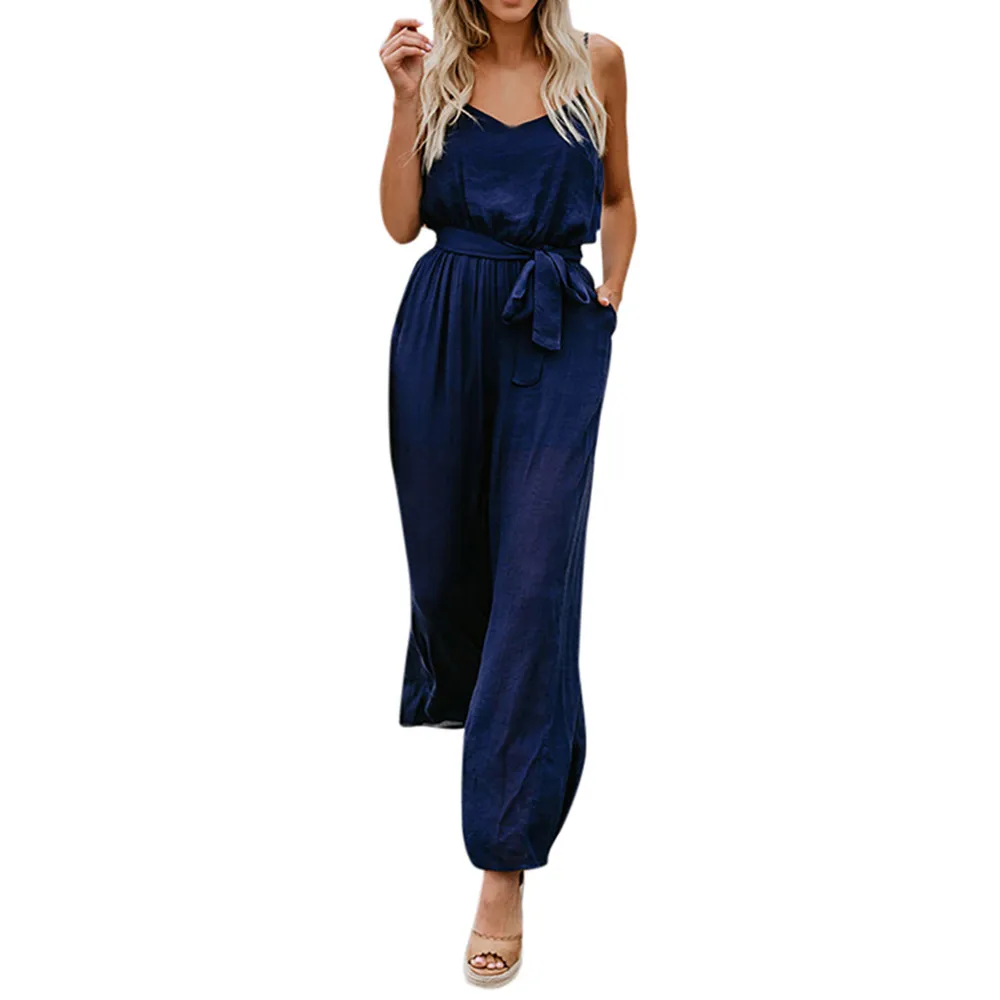 Blue Free Ostrich Plunge Neck Belted Culotte Jumpsuit Women Deep V Neck Sexy Jumpsuit Clothes New Sleeveless Knot Summer Jumpsuit - Color: Blue