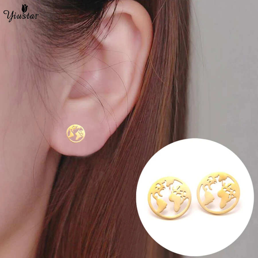 

yiustar Women Gold Stud Earrings Gold Map Earrings Stainless Steel Hollow Map brincos boucle d'oreille Christmas Gifts Earring